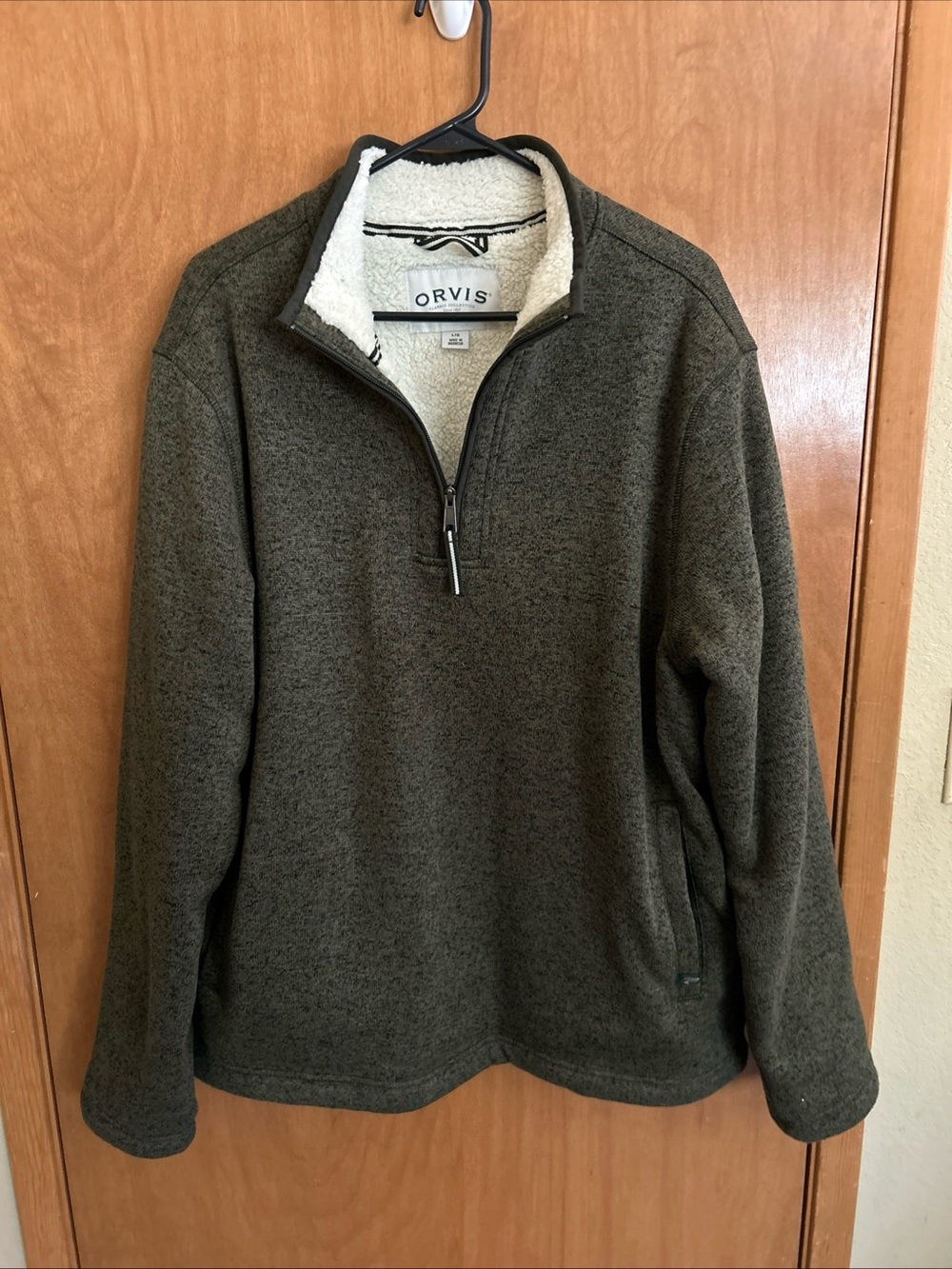 ORVIS Mens Sweater Large Green Quarter Zip Pullover Sherpa Lined Fleece